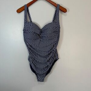Nip Tuck Navy Blue Polka Dot Ruched One Piece‎ Swimsuit Multi Fit Cup 12